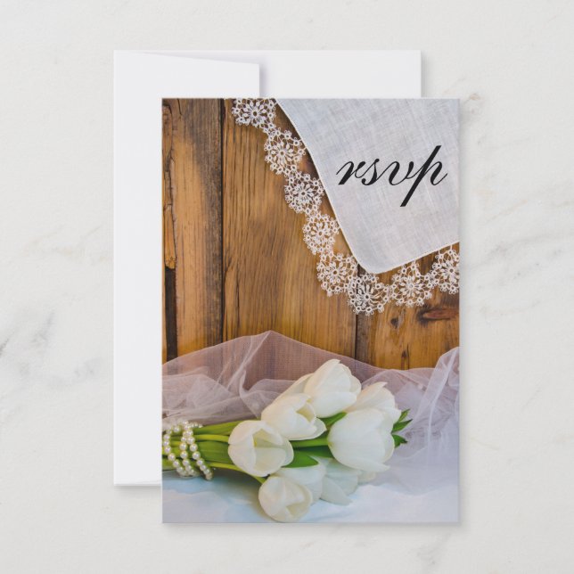 Rustic White Tulips Barn Wedding RSVP Response (Front)