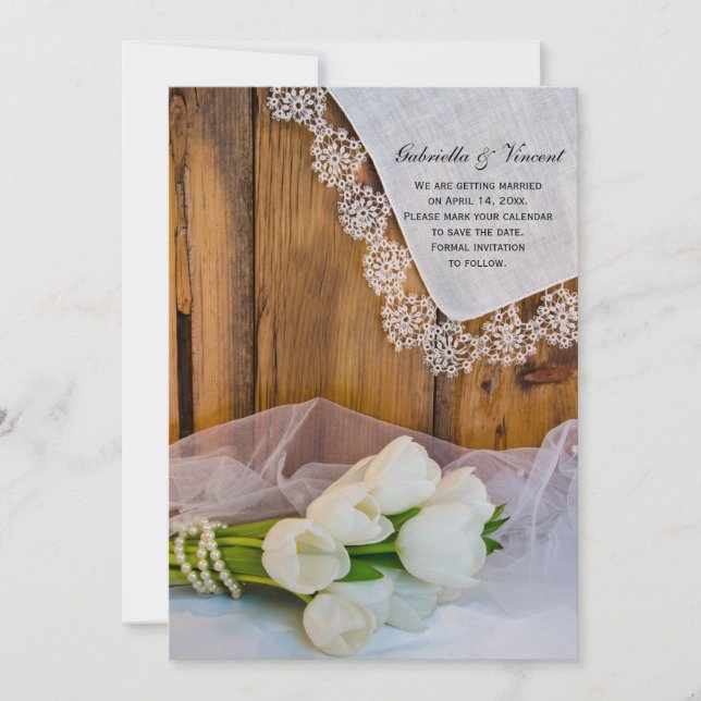Rustic White Tulips Country Wedding Save the Date (Front)