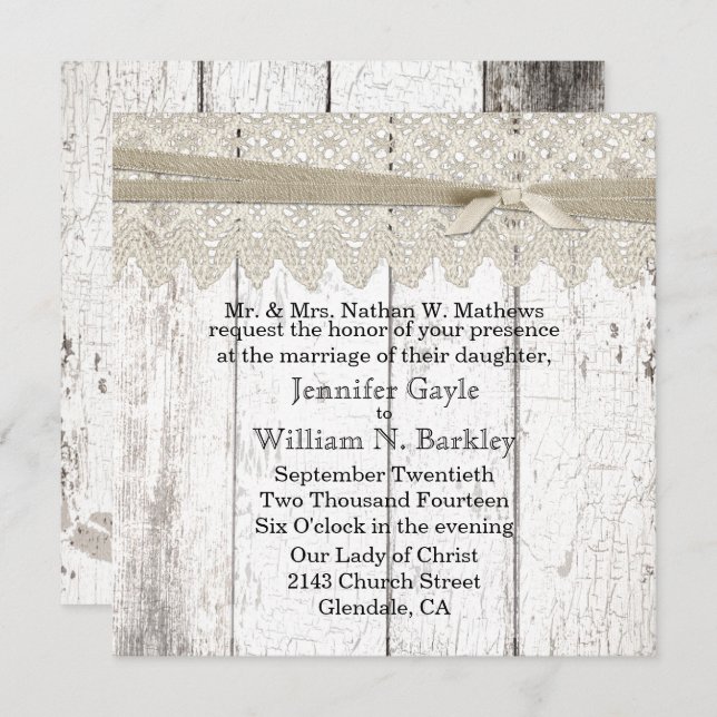 Rustic White Washed Wood and Lace Wedding Invitation (Front/Back)
