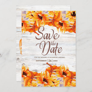 Rustic White Watercolor Pumpkin Sunflower    Save The Date