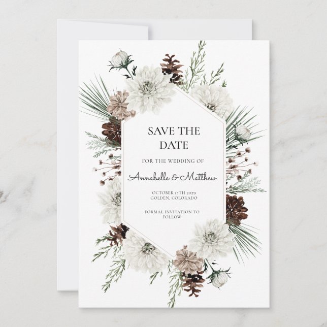 Rustic White Winter Floral Save the Date  Invitation (Front)
