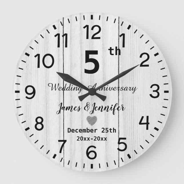 Rustic White Wood 5th Wedding Anniversary Custom Large Clock (Front)