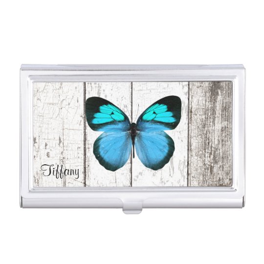 Rustic White Wood and Butterfly Business Card Case