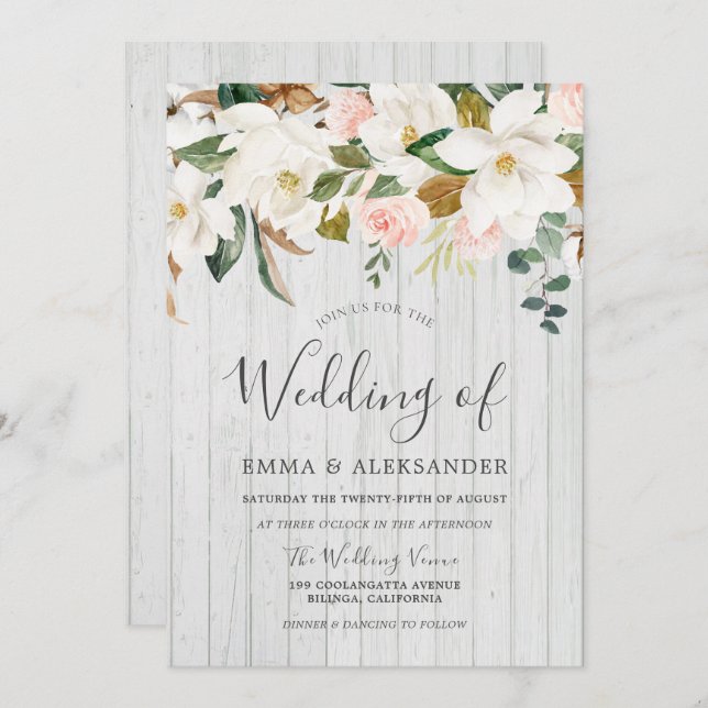 Rustic White Wood Blush & White Floral Wedding Invitation (Front/Back)