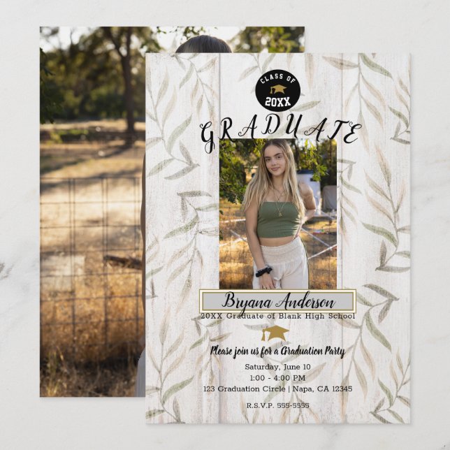 Rustic White Wood Botanical Photo Graduation Party Invitation (Front/Back)