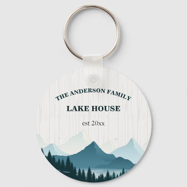 Rustic White Wood Custom Family Name Lake House Keychain (Front)