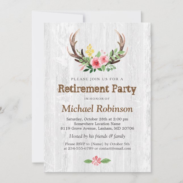 Rustic White Wood Deer Antler Retirement Party Invitation (Front)