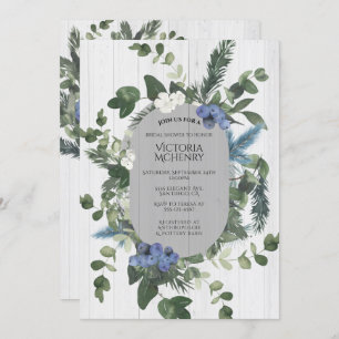 Rustic White Wood Floral & Pine Bridal Shower Invitation