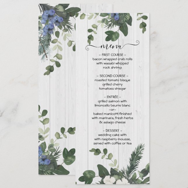 Rustic White Wood Floral & Pine Menu Card (Front/Back)