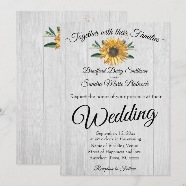 Rustic White Wood, Golden Sunflower Wedding In Invitation (Front/Back)