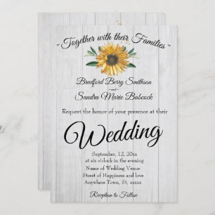 Rustic White Wood, Golden Sunflower Wedding In Invitation