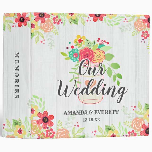 Rustic White Wood & Mason Jar Wedding Photo Album Binder (Front/Spine)