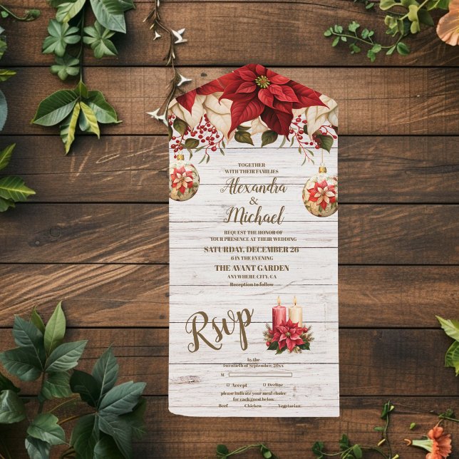 Rustic White Wood Poinsettia  Wedding              All In One Invitation (Creator Uploaded)