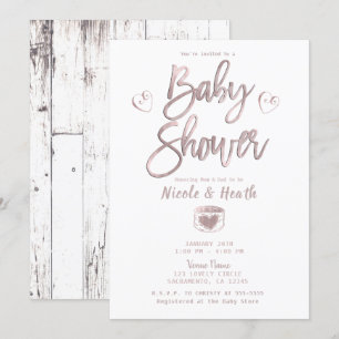 Rustic White Wood Rose Gold Pink Baby Shower Invitation