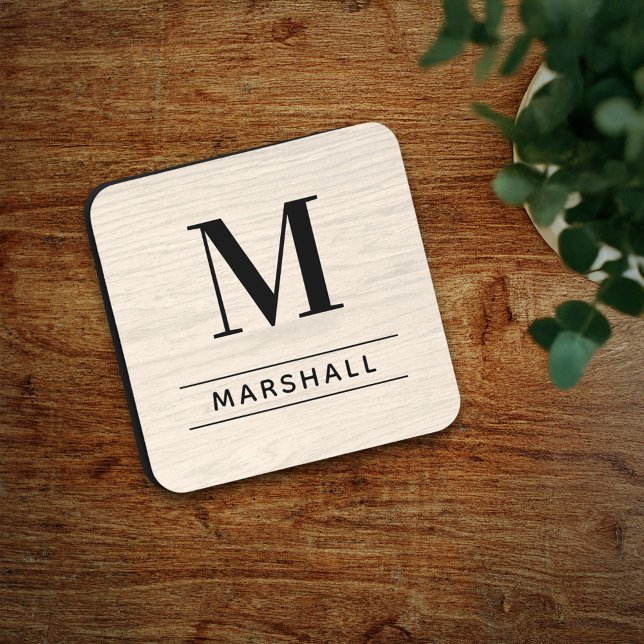 Rustic White Wood Serif Monogram Name Coaster (Creator Uploaded)