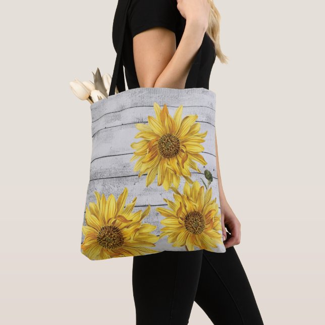 Rustic White Wood Sunflowers Tote Bag (Close Up)