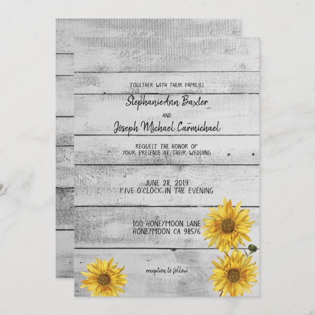 Rustic White Wood Sunflowers Wedding Card (Front/Back)