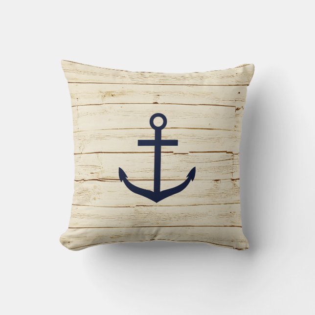 Rustic White Wood with Anchor Throw Pillow (Front)