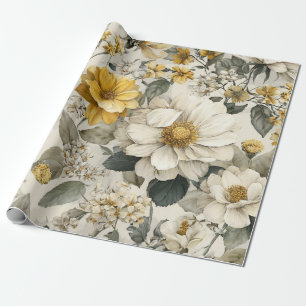 Rustic White Yellow Botanical Vintage Floral Wrapping Paper