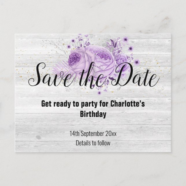 Rustic Whitewashed Timber Floral Lilac Announcement Postcard (Front)