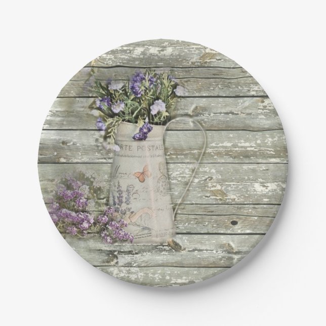 rustic whitewashed wood farmhouse lavender paper plate (Front)