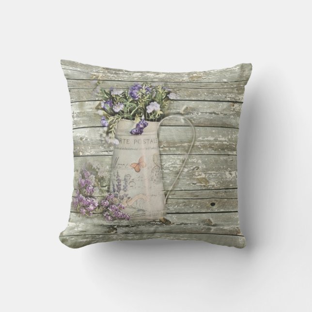 rustic whitewashed wood farmhouse lavender throw pillow (Front)