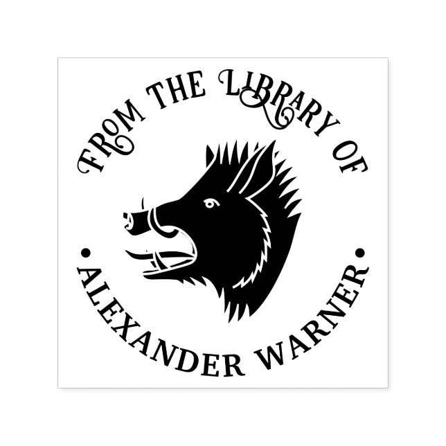 Rustic Wild Boar Head Round Library Book Name Self-inking Stamp (Design)