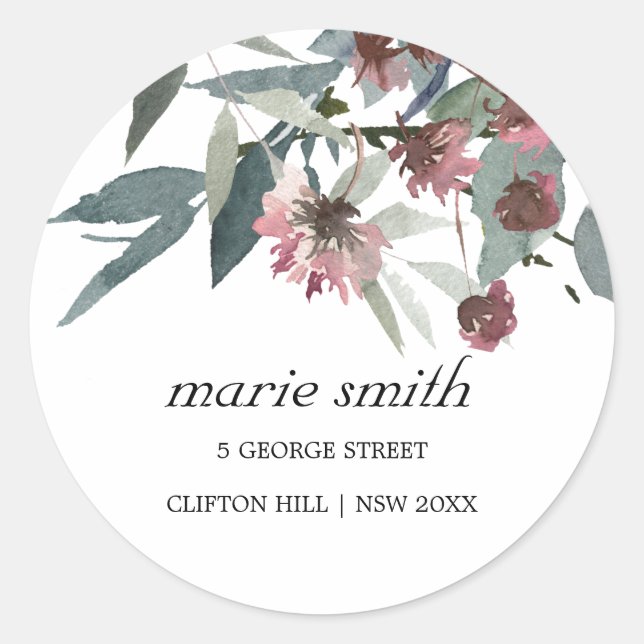 RUSTIC WILD CHIC PINK EUCALYPTUS FLORAL ADDRESS CLASSIC ROUND STICKER (Front)