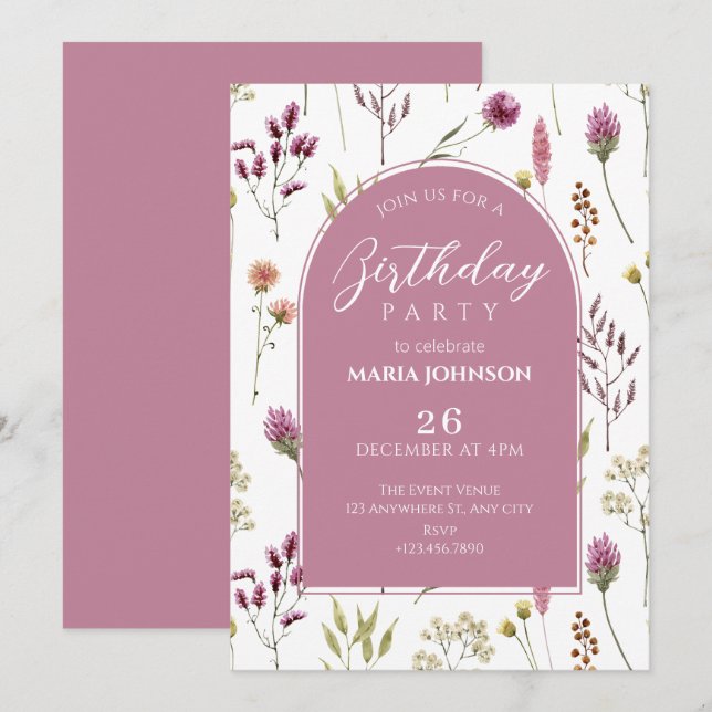 Rustic wild flower birthday invitation (Front/Back)