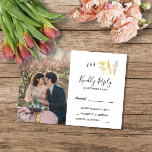 Rustic wild flowers monogram photo Wedding RSVP Invitation