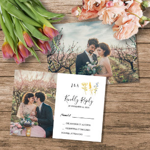 Rustic wild flowers monogram photo Wedding RSVP Invitation