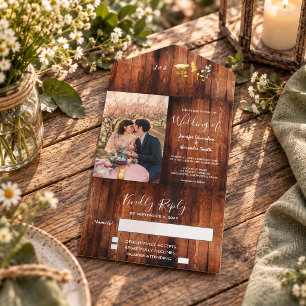 Rustic wild flowers on wood photo Wedding All In One Invitation