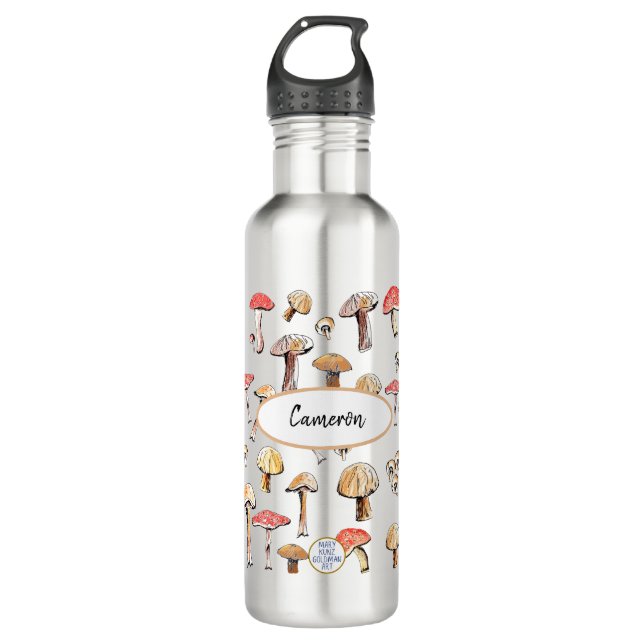 Rustic Wild Mushroom Hand-Illustrated Personalized 710 Ml Water Bottle (Front)