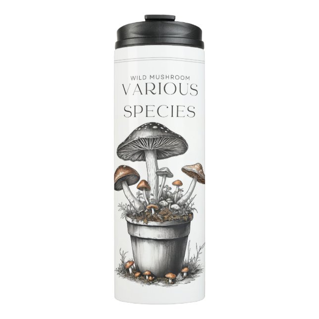 Rustic Wild Mushroom Sketch Design by CallisC Arts Thermal Tumbler (Front)