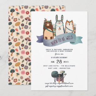 Rustic WILD ONE Woodland Animals Tribal Baby Boy Invitation