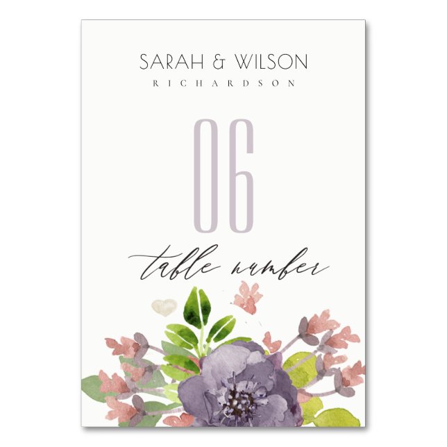 RUSTIC WILD PINK WATERCOLOR FLOWER  FOLIAGE TABLE TABLE NUMBER (Front)
