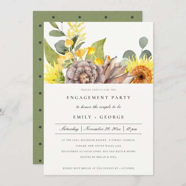 RUSTIC WILD SUNFLOWER EUCALYPTUS FLORAL ENGAGEMENT INVITATION (Front/Back)