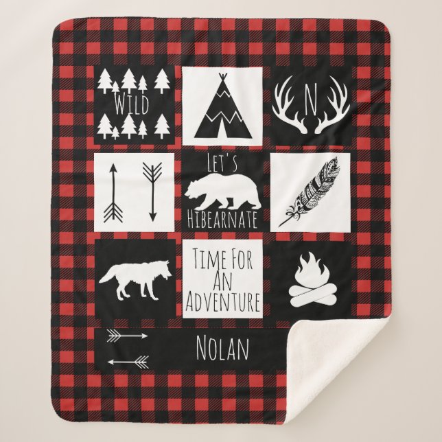 Rustic Wilderness & Animals Buffalo Check Plaid Sherpa Blanket (Front)