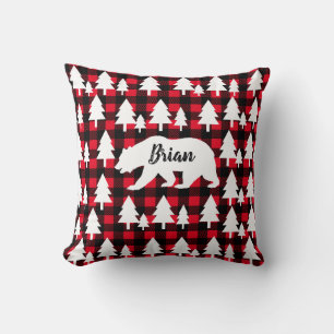 Rustic Wilderness Bear & Trees Buffalo Check Plaid Throw Pillow