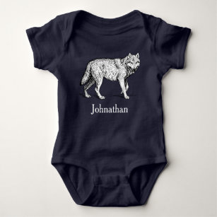 Rustic Wilderness Wolf & Baby's Name Baby Bodysuit
