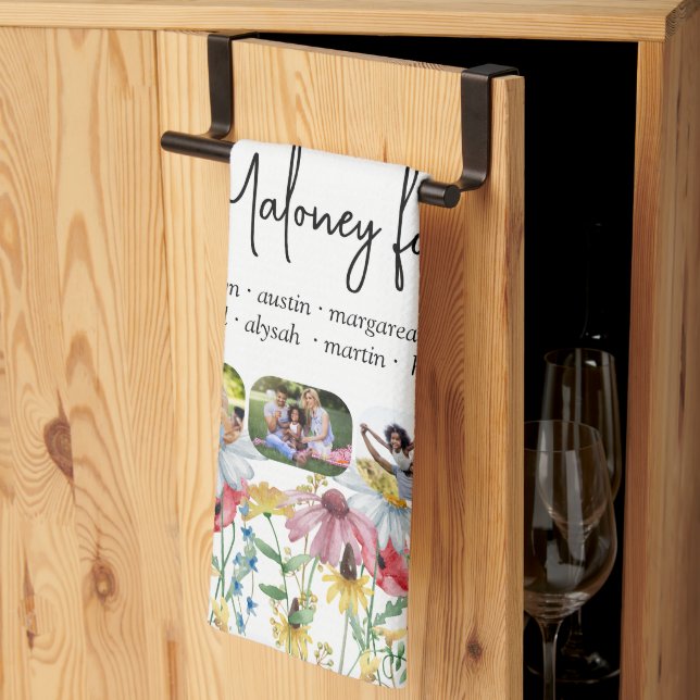 Rustic Wildflower 5 Photo Family Name First Names Kitchen Towel (Thirds Fold)