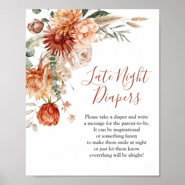 Rustic Wildflower Baby Shower Late Night Diapers Poster (Front)