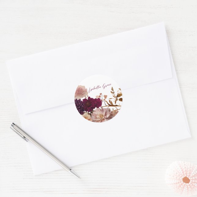 Rustic Wildflower Blush & Burgundy Round Bridal Classic Round Sticker (Envelope)