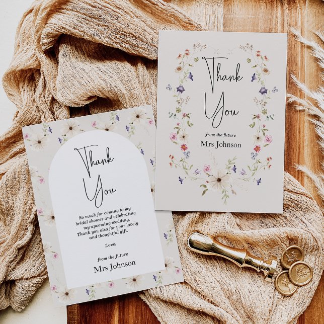 Rustic Wildflower Bridal Shower Thank You Card (Wildflowers Bridal Shower Thank You Card, Future Mrs Bridal Shower Card, Beige, wildflowers Wreath)