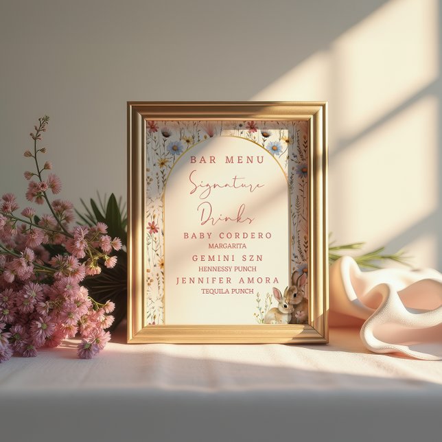 Rustic Wildflower Bunny Beige Signature Drinks Bar Poster (Creator Uploaded)