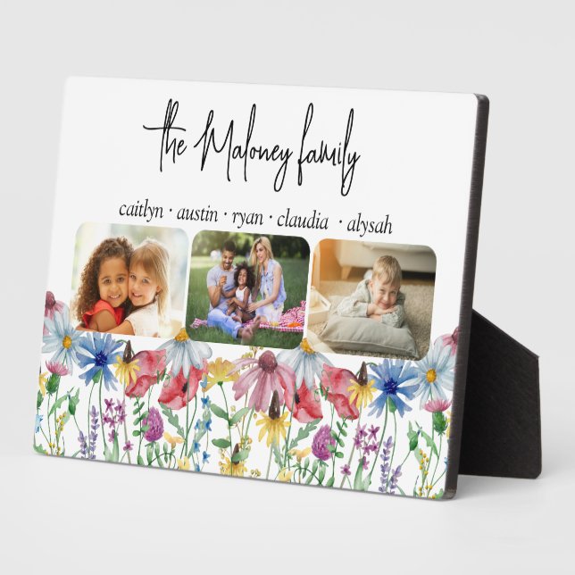Rustic Wildflower Family Name Kids Names 3 Photo Plaque (Side)