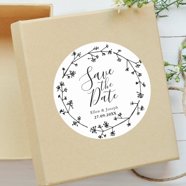 Rustic Wildflower Folk Wedding Save The Date Classic Round Sticker (Creator Uploaded)