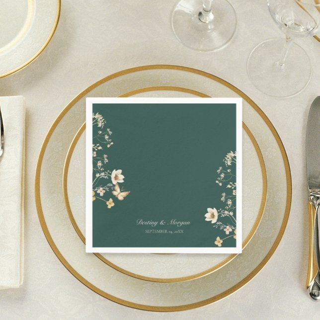 Rustic Wildflower Frame Emerald Green Wedding Napkin (Creator Uploaded)