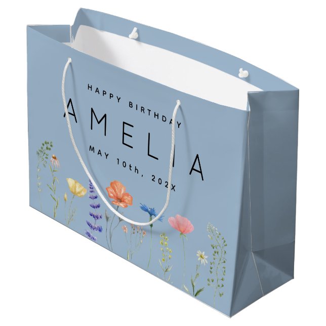 Rustic Wildflower Happy Birthday Name  Large Gift Bag (Back Angled)