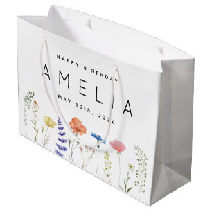 Rustic Wildflower Happy Birthday Name  Large Gift Bag
